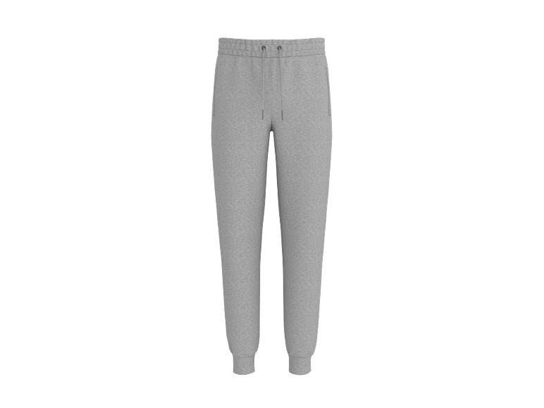 Graue Jogginghose mit Kordelzug in der Taille und Bündchen an den Knöcheln.