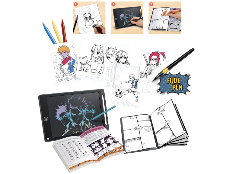 Manga-Zeichenset mit Zeichentablett, Heften und Filzstiften
