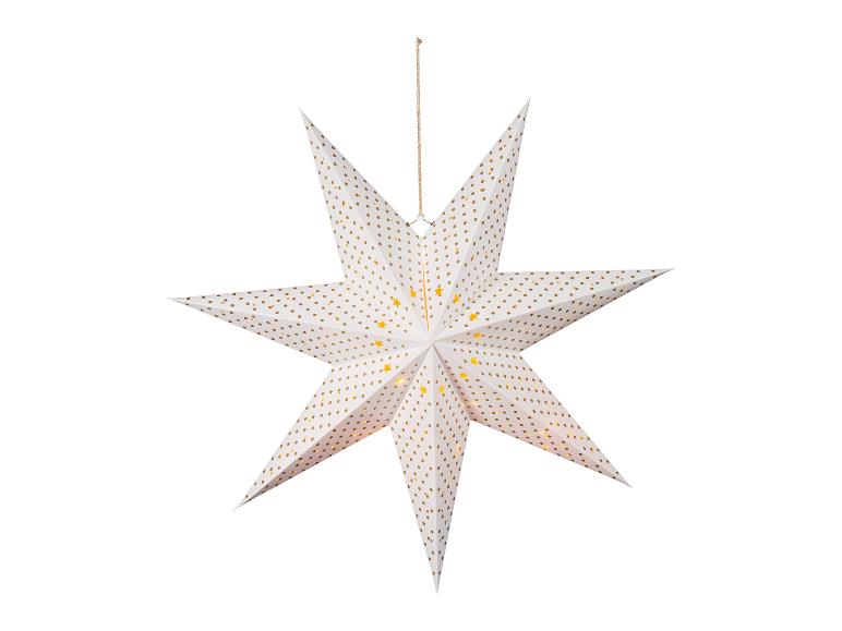 Weißer Dekostern mit goldenen Punkten und Lichtern, aufgehängt.