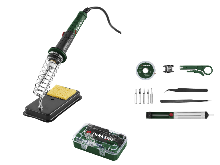 Lötkolben-Set mit Ständer, Schwamm, Lötzinn, Entlötlitze, Spitzen, Pinzetten und Abisolierzange.