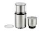 Edelstahl-Kaffee- und Gewürzmühle mit zwei Behältern und transparenten Deckeln.