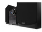 Ein schwarzes Sharp Musiksystem mit CD-Player, Bluetooth und zwei Lautsprechern.