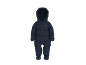 Blauer Baby-Schneeanzug mit Kapuze und Bären-Emblem.