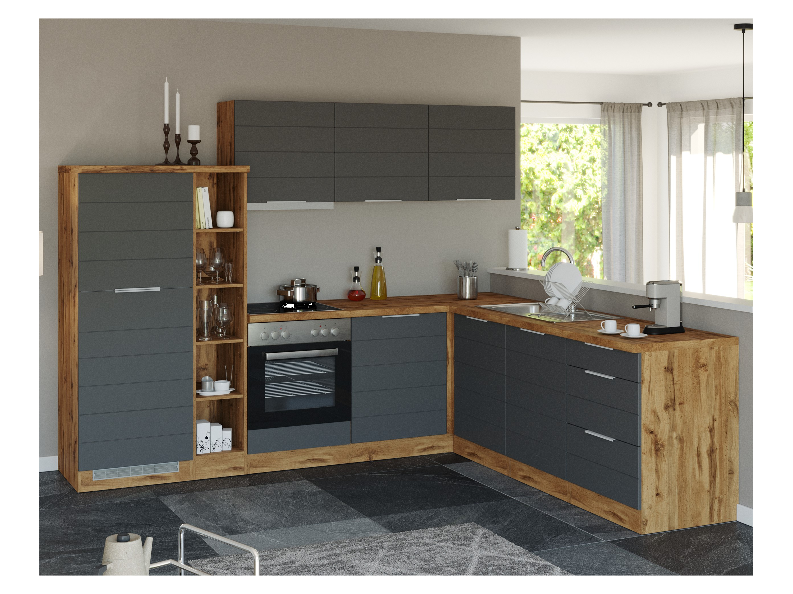 Thumbnail - HELD Küchenzeile »Bonn«, mit Elektrogeräten (240/270 cm, wotaneiche/ matt grau)