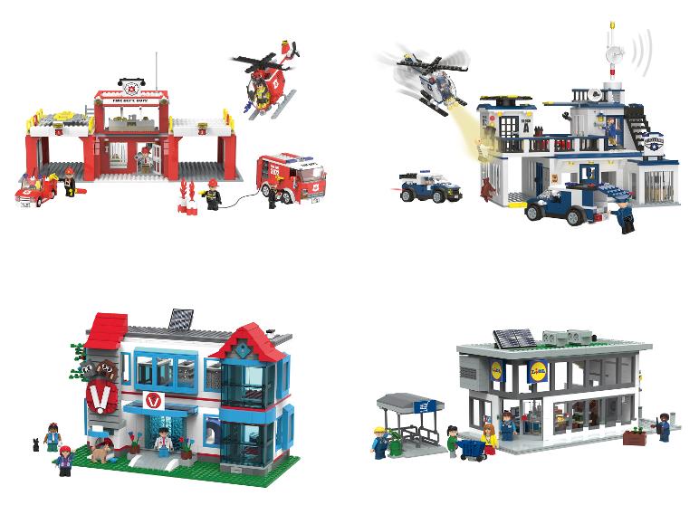 Lego-ähnliche Sets mit Feuerwehr, Polizeistation, Tierklinik und Lidl-Supermarkt.