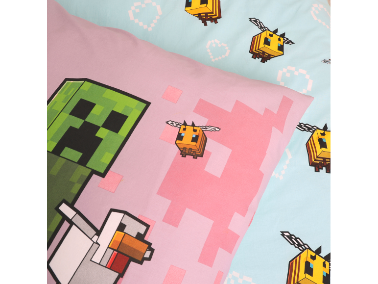 Kinderbettwäsche im Minecraft-Design mit Creeper, Huhn und Bienen