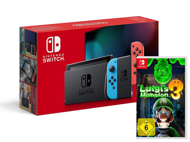 Gehe zu Vollbildansicht: Nintendo Switch Konsole Neon-Rot/Neon-Blau + Switch Luigi's Mansion 3 - Bild 1