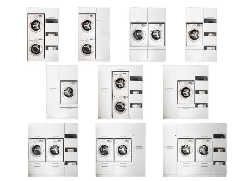 Verschiedene Konfigurationen von Waschmaschinen und Trocknern in weißen Wäscheschränken.