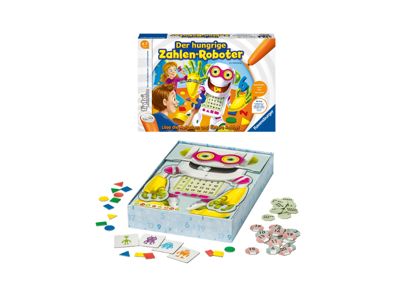 Lernspiel für Kinder von 4-7 Jahren mit hungrigem Zahlen-Roboter, Formen und Rechnen.