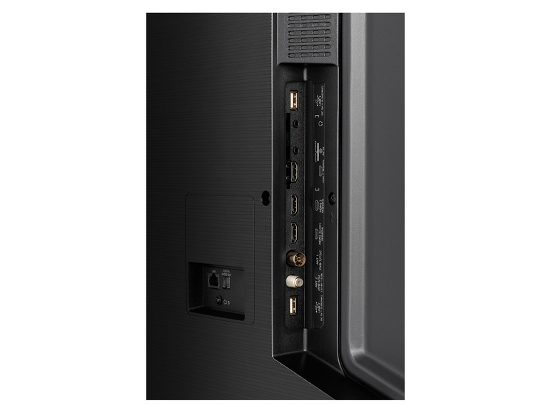 Die Rückseite eines Fernsehers mit HDMI-, USB- und Antennenanschlüssen.