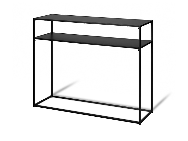 Ein schwarzer Konsolentisch mit zwei Ablagen.