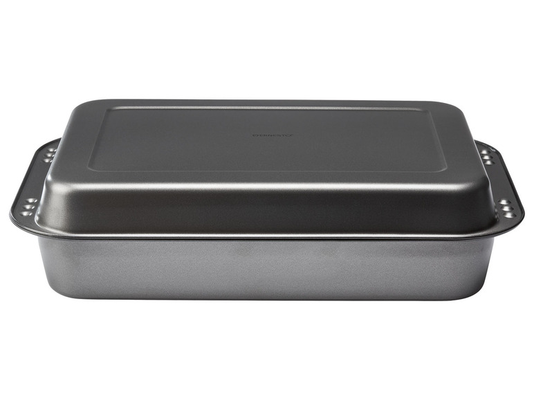 Eine graue Backform mit Deckel der Marke 'Nestio'.