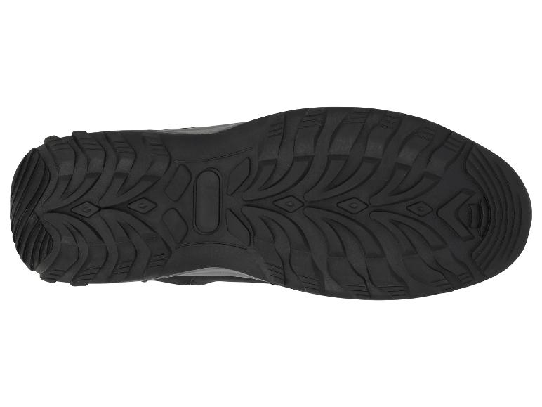 Sohle eines schwarzen Wanderstiefels mit robustem Profil.