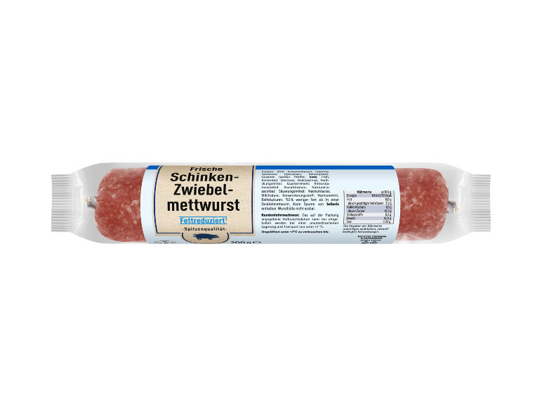Verpackung von Schinken-Zwiebel-Mettwurst, mit dem Etikett „Fettreduziert“.