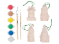 Weihnachtsornament-Malset mit vier Keramikornamenten, sechs Farbtöpfen und zwei Pinseln.