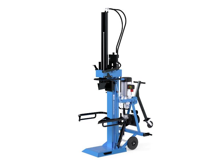 Blauer vertikaler elektrischer Holzspalter mit Rädern und Griff.