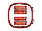 Roter Toaster mit vier Schlitzen und toastendem Brot.