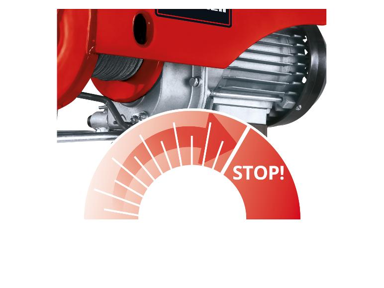 Nahaufnahme eines roten Elektroseilzugs mit Drahtseil, zeigt eine 'STOP!'-Anzeige.