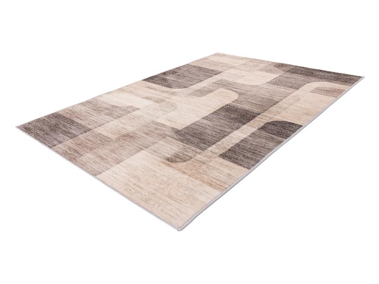 Beiger und brauner rechteckiger Teppich mit abstraktem geometrischem Muster.