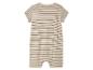 Beige gestreifter Baby Strampler.