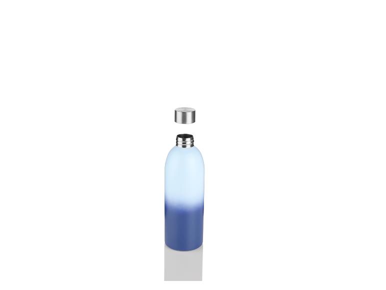 Blaue, zweifarbige Isolierflasche mit Edelstahldeckel.