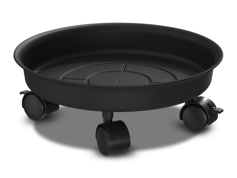 Ein schwarzer runder Pflanzentopf mit Rollen.