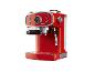 Rote Kaffeemaschine mit Manometer und Drehknöpfen, schräg dargestellt.
