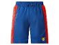 Blaue Badeshorts mit roten und gelben Seitenstreifen, mit elastischem Bund.