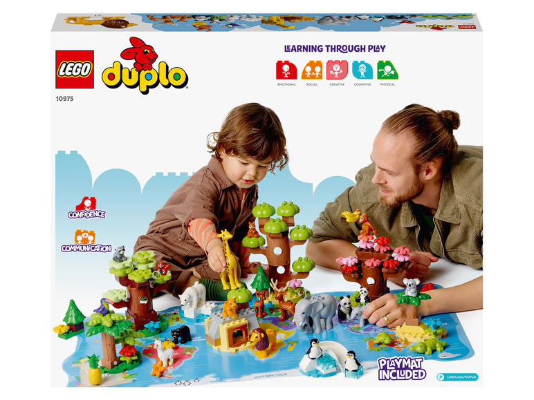 LEGO Duplo Spielset mit Tieren und Bäumen auf einer Weltkarte.