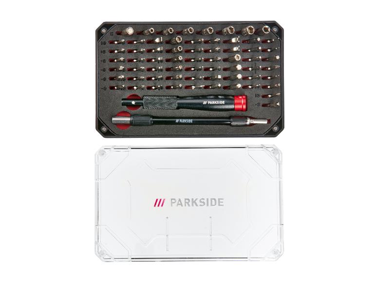 PARKSIDE 60-teiliges Schraubendreher-Set mit zwei Griffen in schwarzer Aufbewahrungsbox.