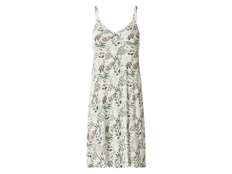 Langes Trägerkleid mit floralem Muster aus grünen und braunen Blättern.