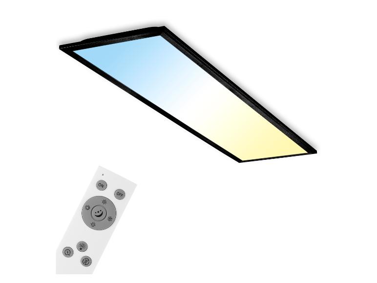 LED-Panel mit Fernbedienung, das eine einstellbare Farbtemperatur von Blau bis Gelb zeigt.