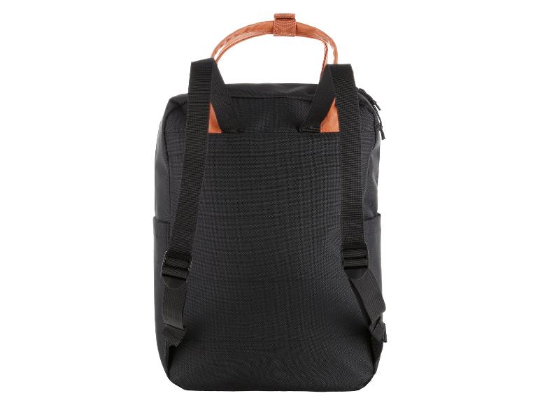 Schwarzer Rucksack mit braunen Griffen und verstellbaren Trägern, Rückansicht.
