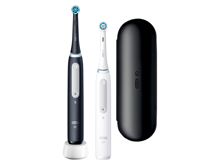 Zwei Oral-B iO elektrische Zahnbürsten mit Ladegerät und Etui.