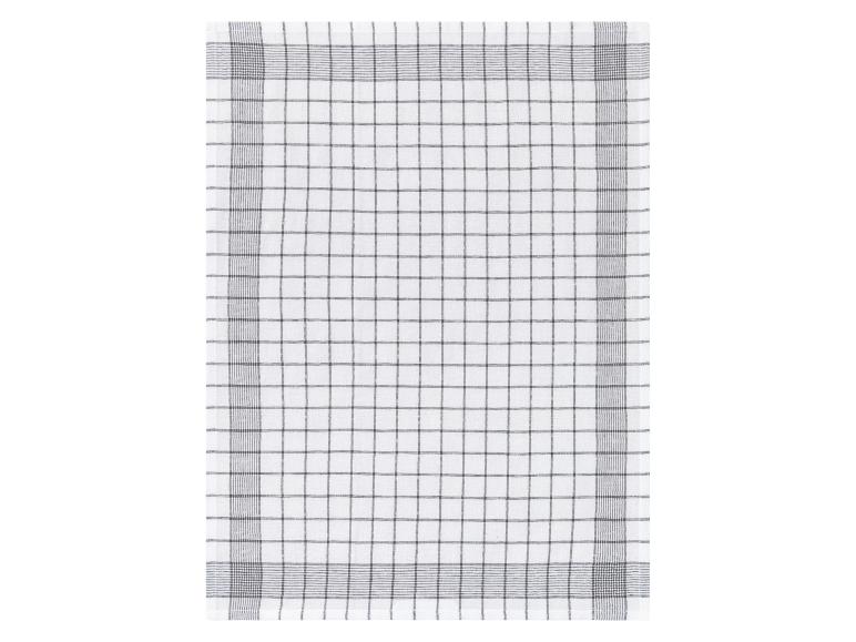Ein weißes Geschirrtuch mit schwarz-weißem karierten Rand.