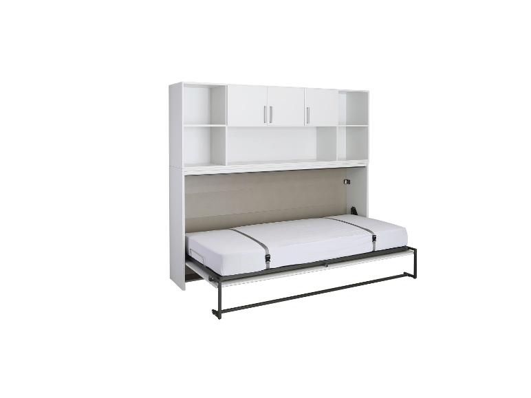 Weißes Wandbett mit Schrank und offenen Regalen