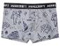Graue Boxershorts im Minecraft-Design, mit Figuren, Werkzeugen und dem Schriftzug „MINECRAFT“ am Bund.