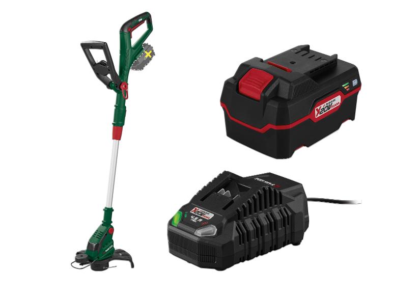 Parkside Akku-Rasentrimmer mit Akku und Ladegerät.