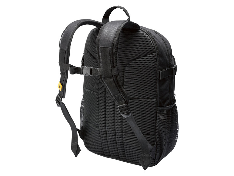 Ein schwarzer Rucksack mit Mesh-Einsätzen und gelbem Oakley-Logo.