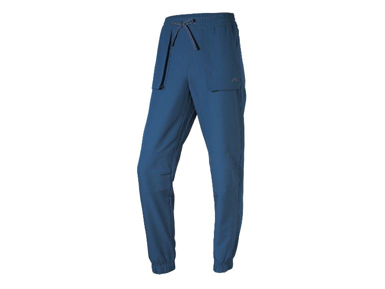 Blaue Herren-Outdoorhose mit Kordelzug in der Taille und Cargotaschen.
