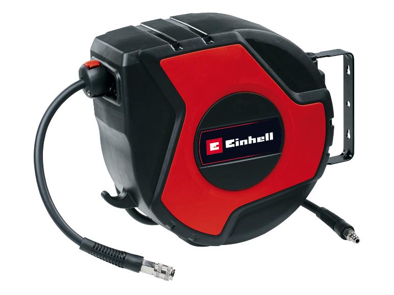 Rot-schwarze automatische Luftschlauchaufrollung mit Schlauch und Schnellkupplungen.