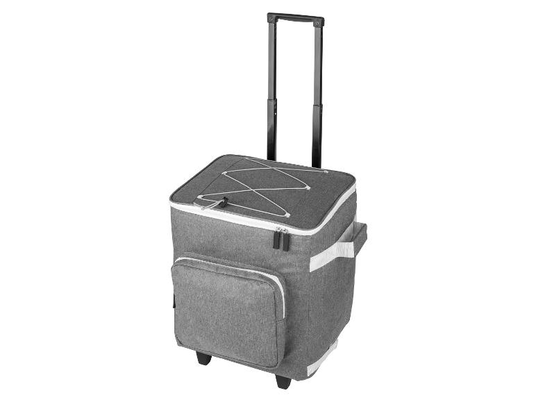 Graue Kühltasche auf Rollen mit Teleskopgriff und Seitentaschen.