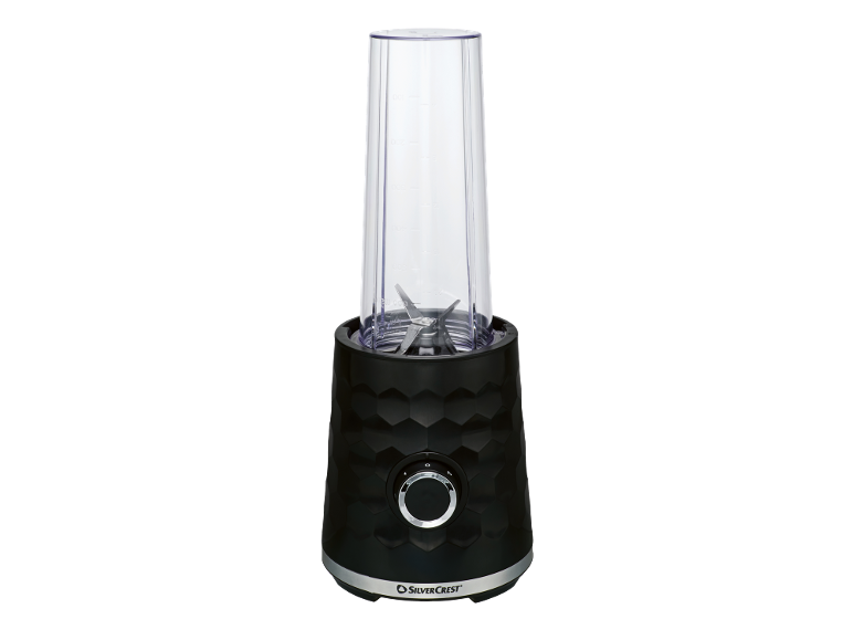 Schwarzer Smoothie-Maker mit transparentem Becher und strukturierter Basis.