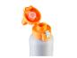 Weiße Wasserflasche mit offenem orangefarbenem Deckel und Verriegelungsknopf