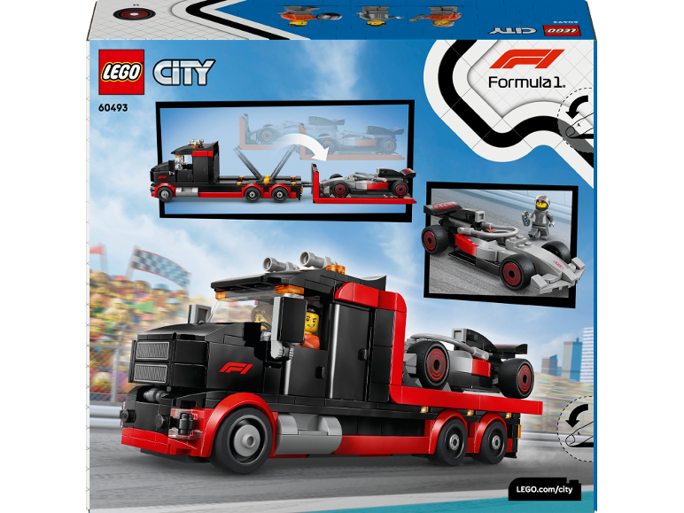 LEGO City Rennwagen-Transporter mit Formel-1-Rennwagen und Fahrerfiguren.