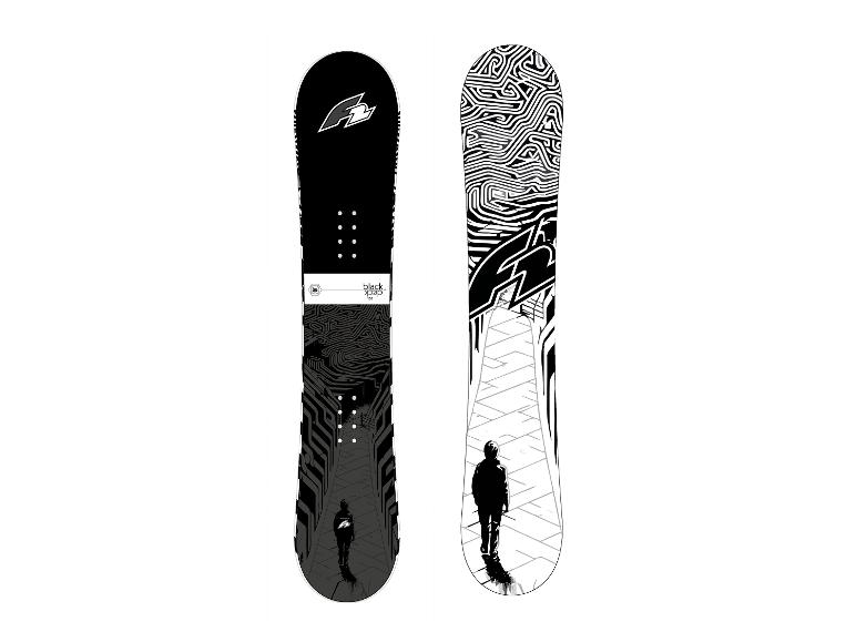 Zwei Black Snow Snowboards mit schwarz-weißem Design.