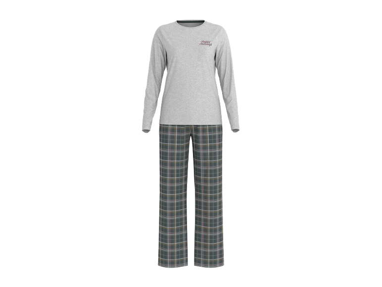 Grauer Pyjama mit „Happy Holidays“-Aufschrift und karierter Hose.