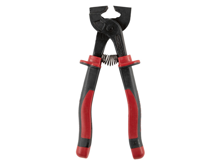 Schwarze Zange mit roten Griffen zum Fliesenschneiden.