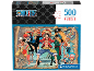 500-Teile-Puzzle von One Piece mit Anime-Charakteren auf einem Landkarten-Hintergrund.