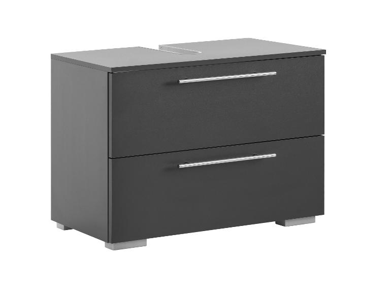Dunkelgrauer Badezimmerschrank mit zwei Schubladen und silbernen Griffen